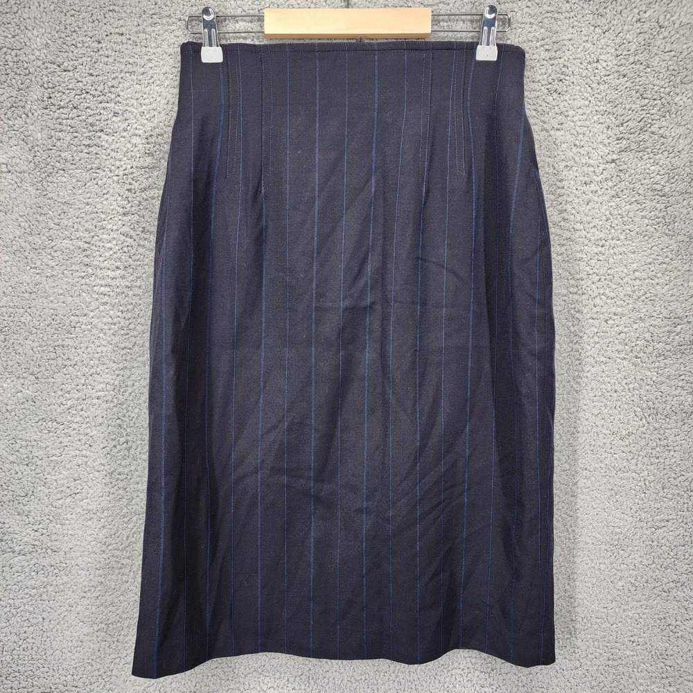 Escada By Margaretha Ley Navy Blue Pinstripe Wool Pencil Skirt Size 38 US 8